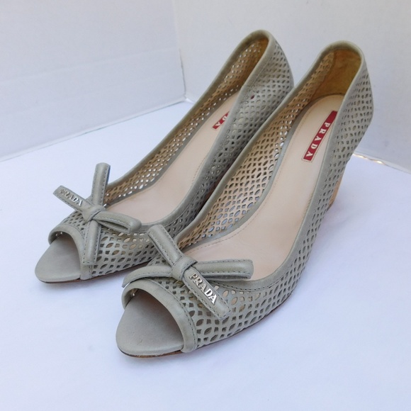 Prada Shoes - PRADA WEDGE OPEN TOE BOW LOGO HEELS 37.5